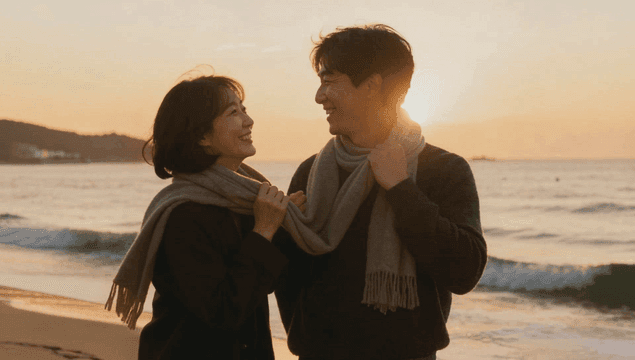 해변에서 일출을 즐기는 커플