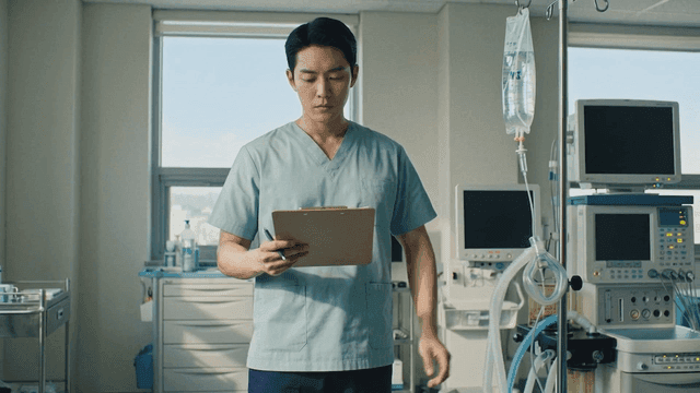 Doctor reviewing medical equipment in a hospital room