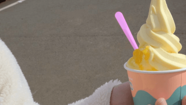 야외에서 소프트 아이스크림 한 컵