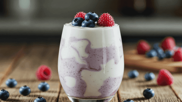 Smoothie topped with raspberries and blueberries