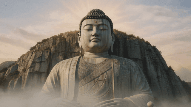 Large Buddha statue in foggy mountains