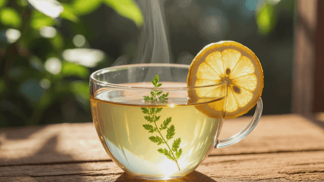 레몬이 있는 따뜻한 허브차 한 잔