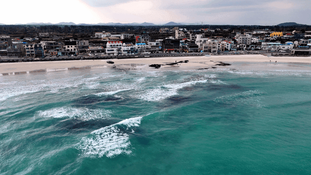 Coastal village with sandy beach and waves