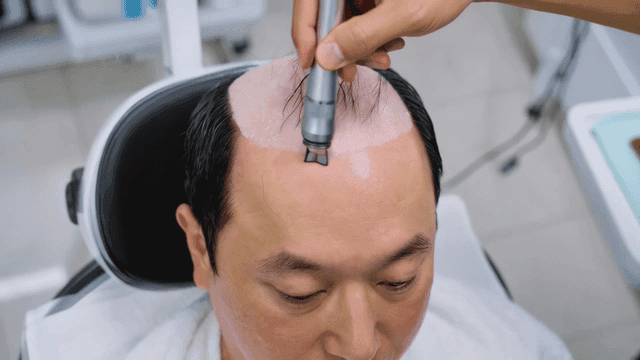 Man receiving hair treatment at clinic