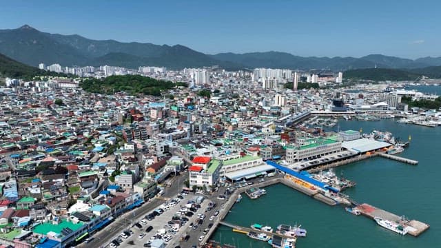 Bustling coastal city with vibrant buildings