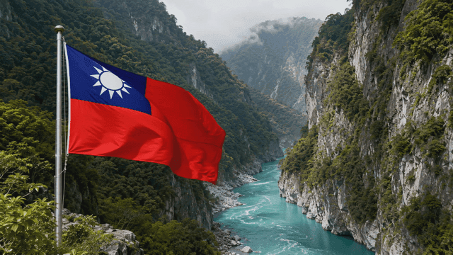 River flowing through blue canyon and Taiwanese flag