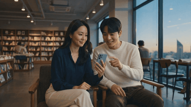 Couple looking at their smartphones in cozy bookstore