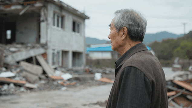철거된 건물을 바라보는 노인