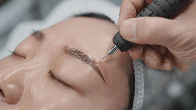 Woman undergoing eyebrow tattoo procedure
