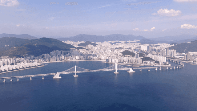 눈에 띄는 다리가 있는 광활한 도시 풍경