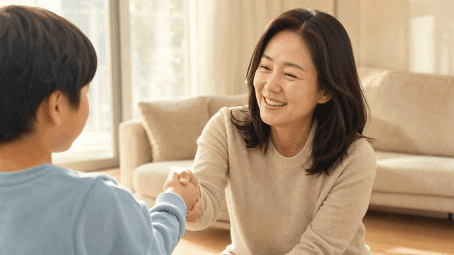 Woman and child warmly shaking hands