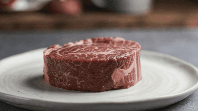 Marbled steak on plate/