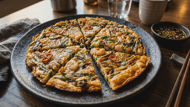 Korean seafood pancake on a table