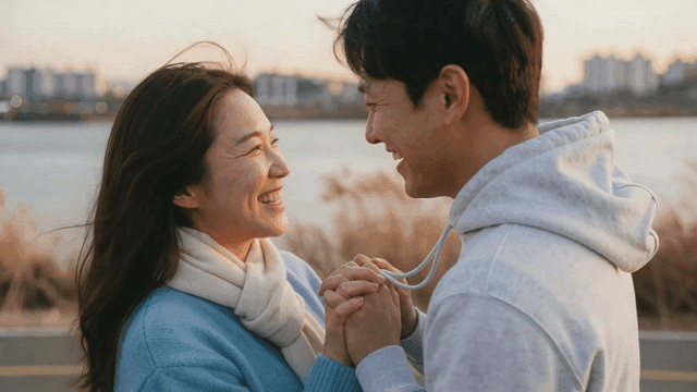 Couple smiling and holding hands by river