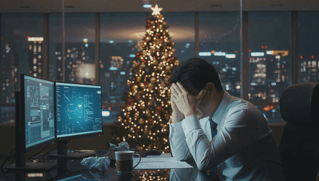 크리스마스에 사무실에서 늦게까지 일하는 남자
