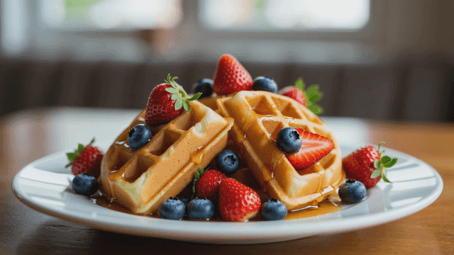 Waffles topped with fresh berries and syrup