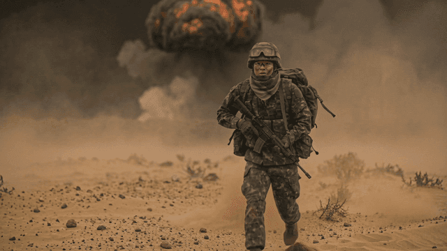 Soldier running through explosion-filled desert