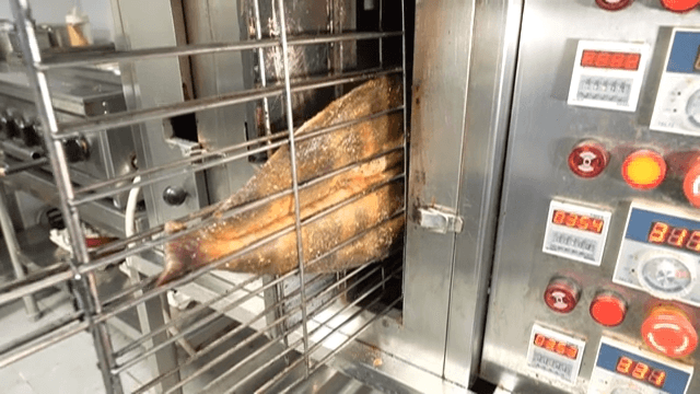 Atka mackerel grill going into vertical oven
