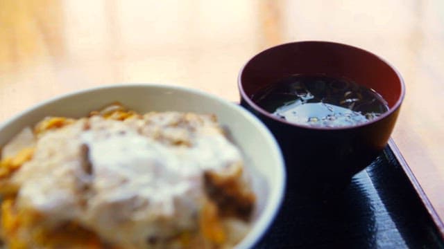 트레이 위에 담긴 먹음직스러운 가츠동