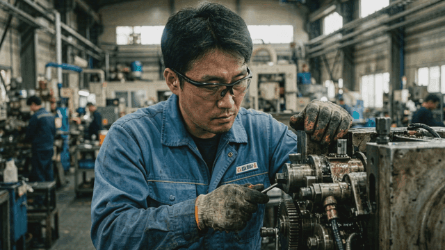 Concentrated workers repairing machine