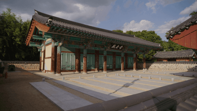 Traditional Korean house under cloudy sky