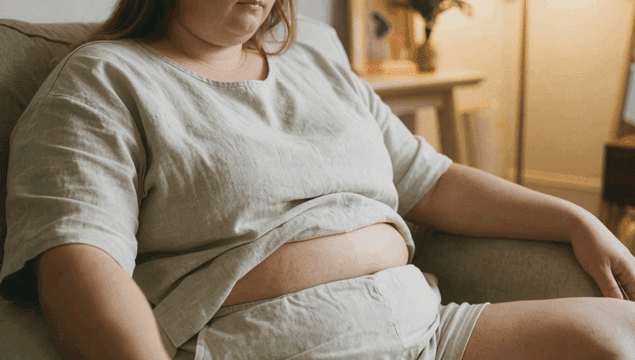 Fat white woman sitting on comfortable chair with her stomach exposed