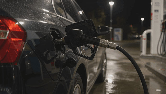 밤에 주유소에서 주유하는 자동차