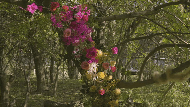 Tree decorated with colorful flowers in forest