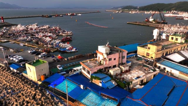 어선이 있는 분주한 항구