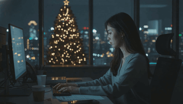 크리스마스 밤에 사무실에서 일하는 여성