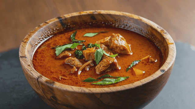 Rich curry served in wooden bowl