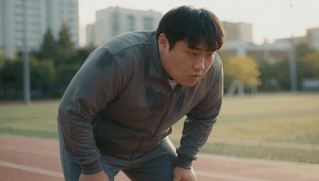 Fat man catching his breath after jogging on track