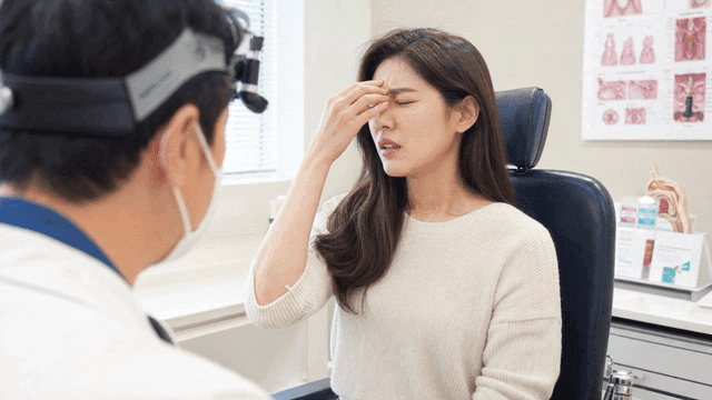 Female patient holding her nose in pain with doctor at hospital