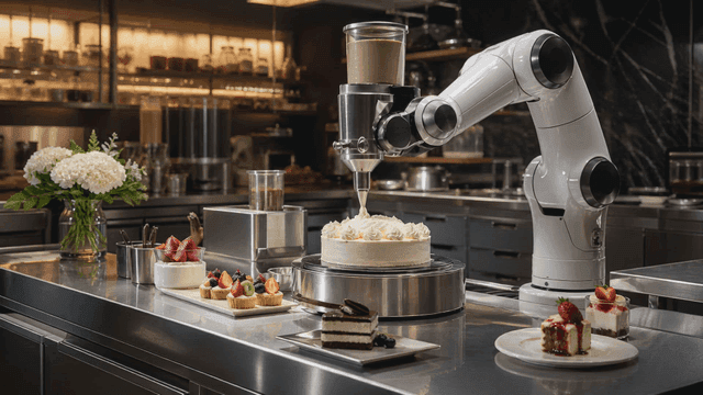Robot decorating a cake in a modern kitchen