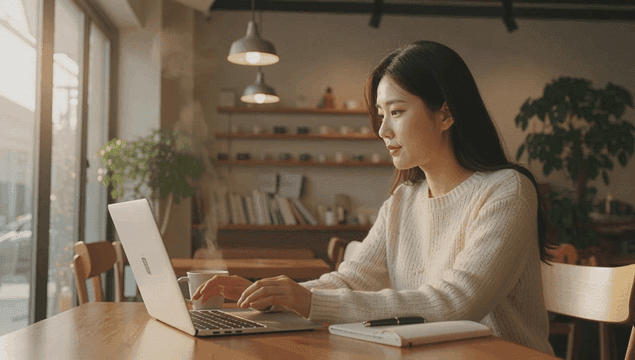 Woman working on a laptop in a cozy cafe
