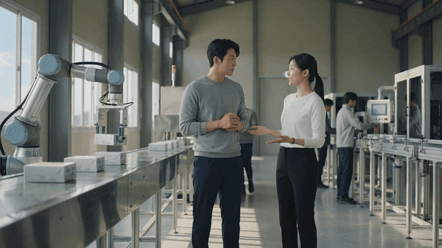 Engineer explaining modern factory with robots