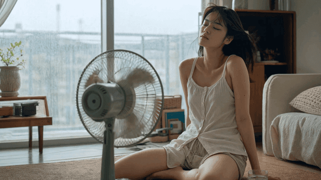Woman resting in front of fan at home