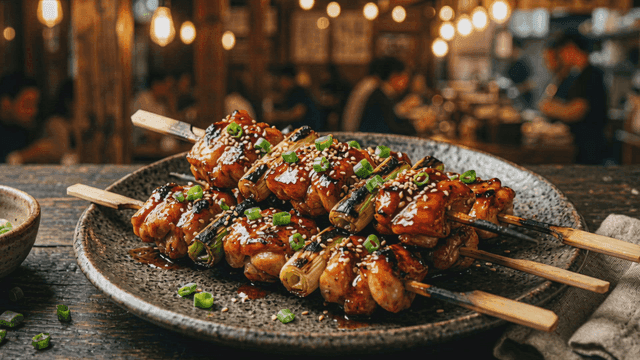 Grilled yakitori skewers in a cozy restaurant