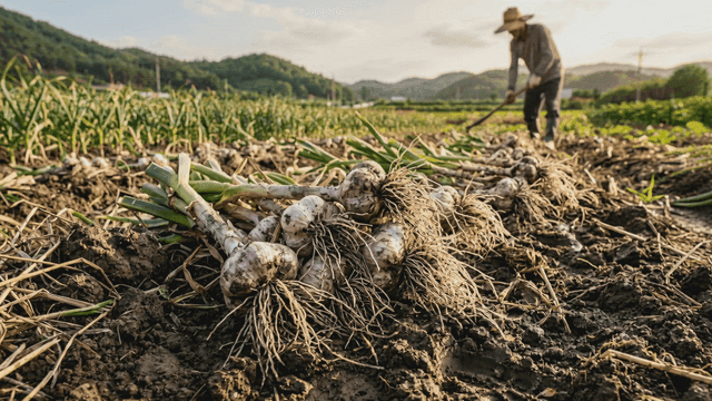 Farmer harvesting garlic in field
