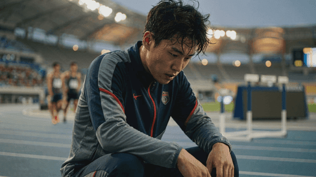 Track and field athletes resting on track after competition