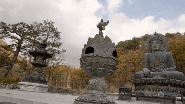 고요한 산속의 큰 불상을 구경하는 여성
