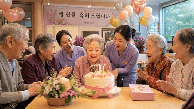 Elderly woman celebrating birthday with friends