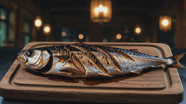 Grilled mackerel on a wooden platter
