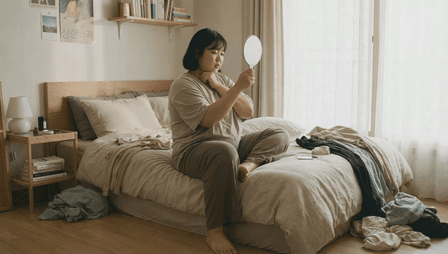 Fat woman sitting on bed and looking in mirror