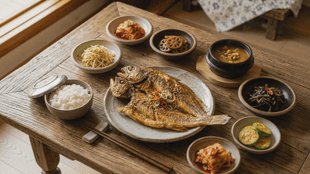 Traditional Korean meal set with grilled fish