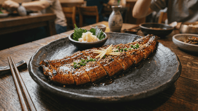 Grilled eel with soy sauce seasoning served on plate