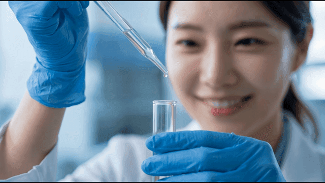 Smiling scientist carefully handling pipette