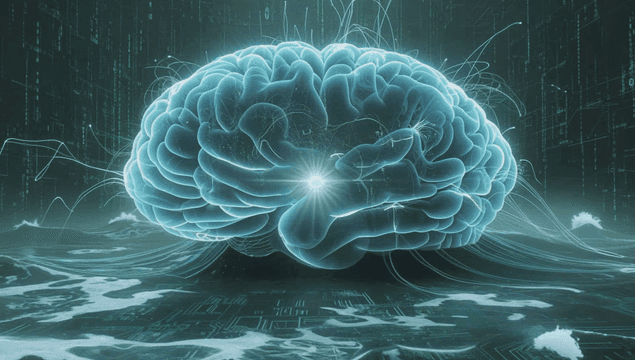 파도와 데이터 흐름이 있는 디지털 뇌