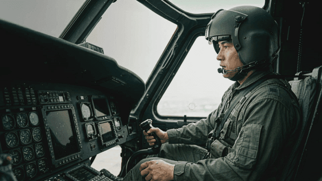 Pilot in a helicopter cockpit