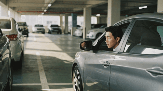 A man in a car in a parking garage